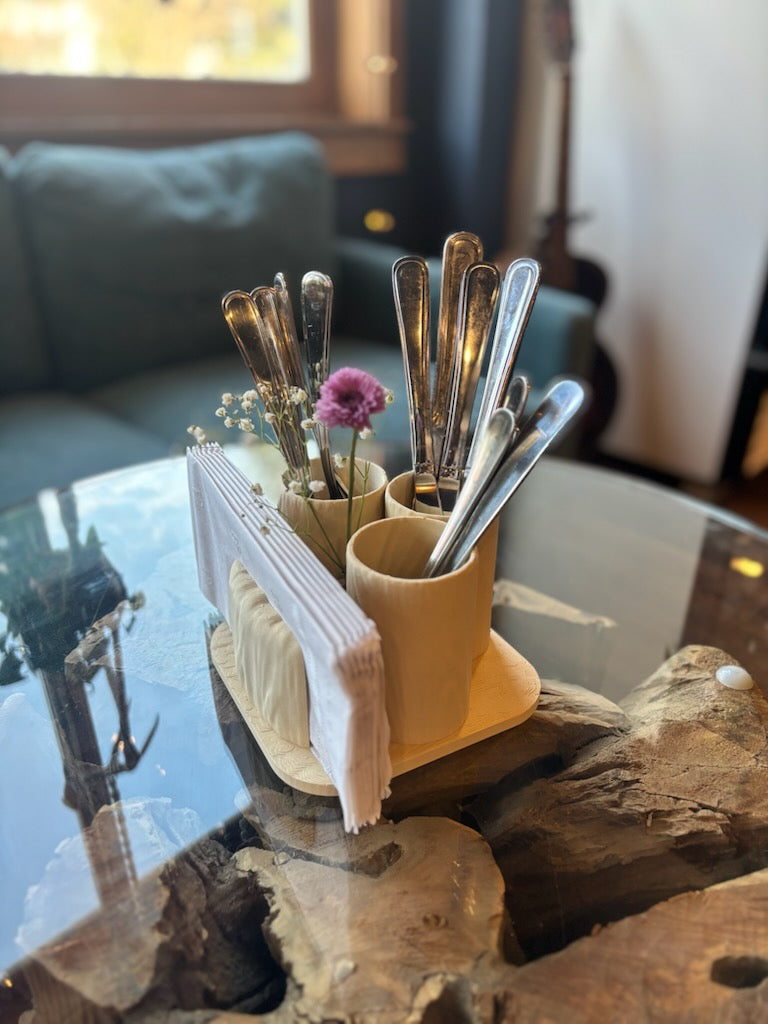 Wood-texture napkin and utensil holder decoration