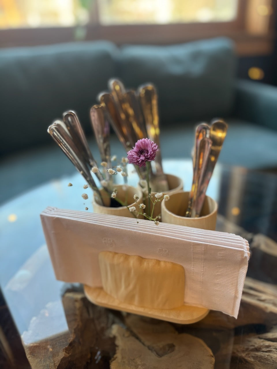 Wood-texture napkin and utensil holder decoration