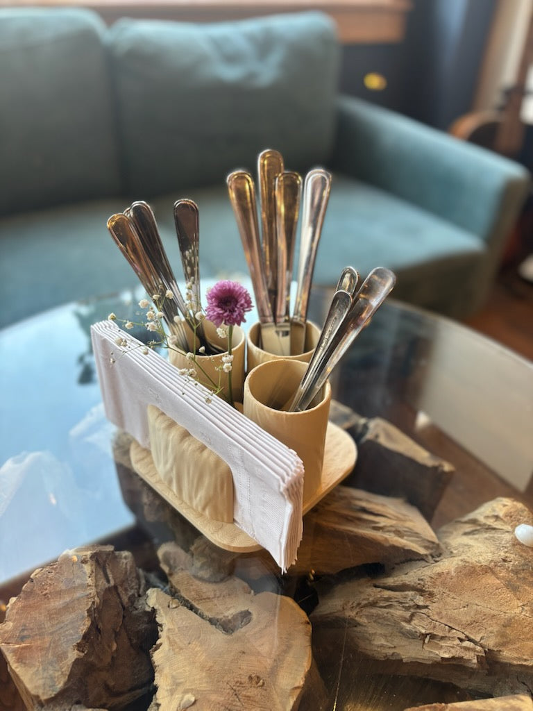 Wood-texture napkin and utensil holder decoration