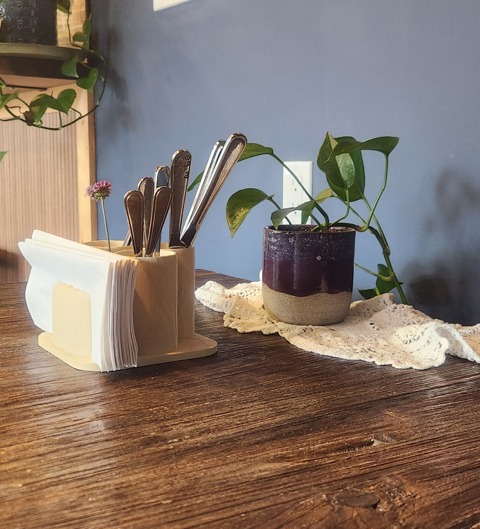 Wood-texture napkin and utensil holder decoration